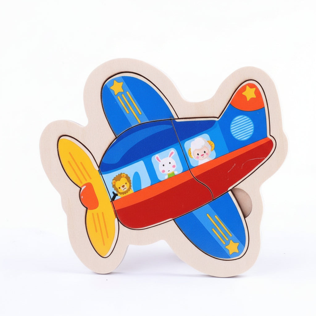 Wooden airplane puzzle with colorful design on a white background