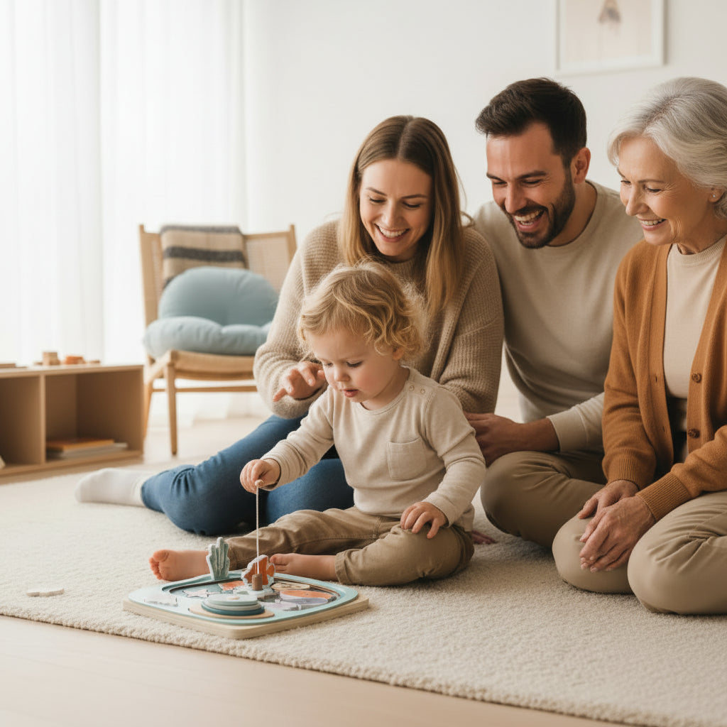 Family of four sitting on the floor in a living room, with a child playing with a toy.