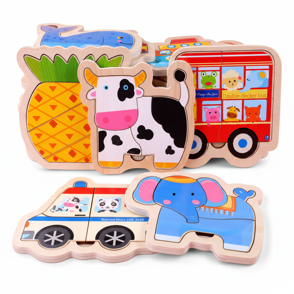 Set of colorful wooden puzzles featuring a cow, pineapple, bus, and elephant on a pink background.