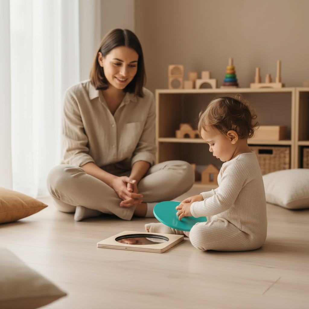 Wooden toy with a turquoise top and clear center on a white background