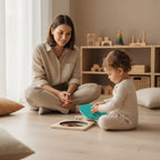 Wooden toy with a turquoise top and clear center on a white background